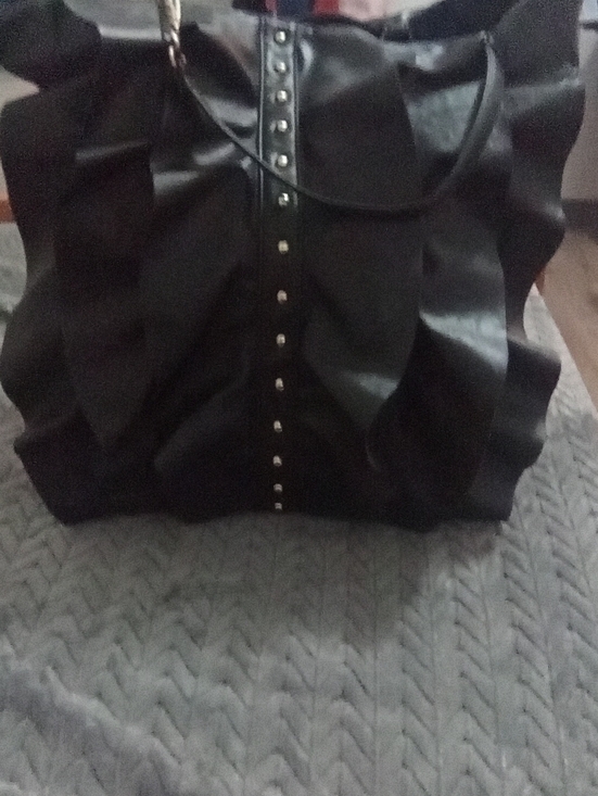 Handbags - Black Ruffle Tote Bag with Stud Accent